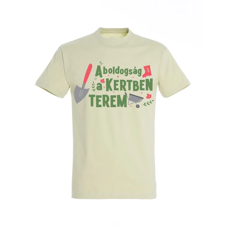 A boldogság a kertben terem egyedi, kényelmes, zsálya színű, 100% pamut férfi kertész póló