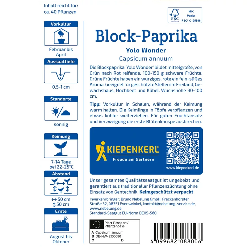 Kiepenkerl Yolo Wonder B Blocky paprika vetőmag