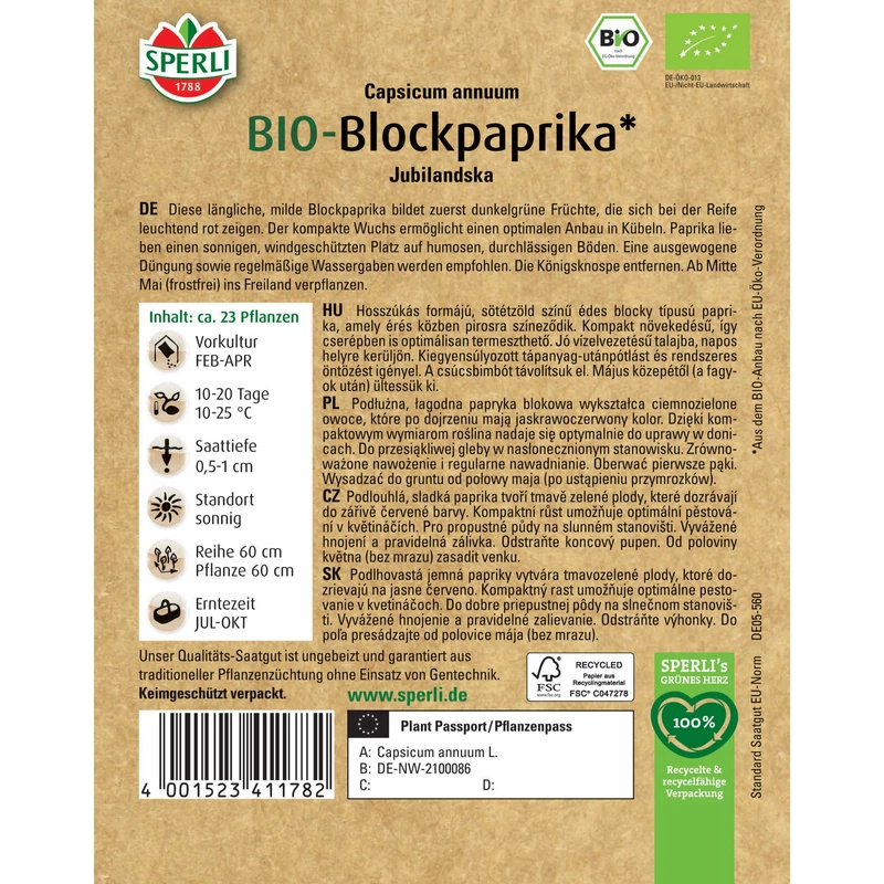 Sperli Jubilandska BIO blocky paprika vetőmag